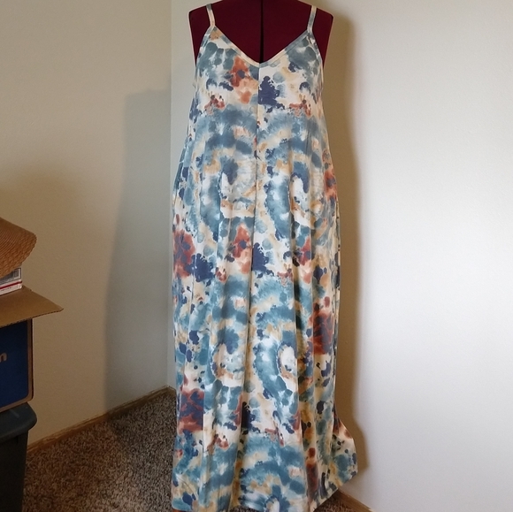 Blue Tie Dye Soft French Terry Cami Maxi Dress Plus Sized 2X - Picture 8 of 15